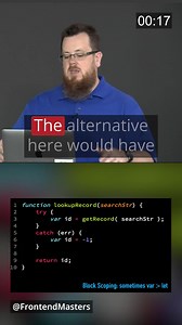 Try-Catch Scope: Var vs Let 🥊 #JavaScript #Frontend #WebDev #Coding #Programming Dive into the core pillars of the JavaScript language with Kyle Simpson, author of the popular, You Don't Know JS, book series. https://frontendmasters.com/courses/deep-javascript-v3/?utm_source=social&utm_medium=facebook&utm_campaign=letorvar | Frontend Masters