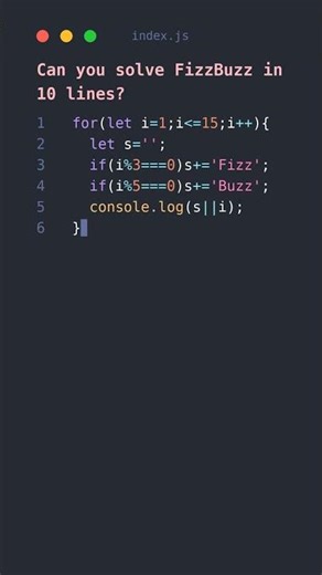 FizzBuzz in 10 Lines — JavaScript Challenge #shorts #javascript