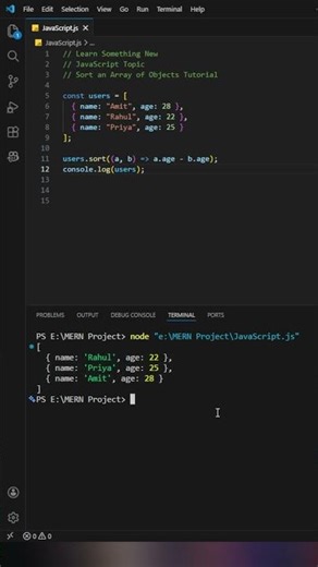 Sort an Array of Objects in JavaScript⚡| JS Interview Trick #coding #javascript #tutorial #shorts