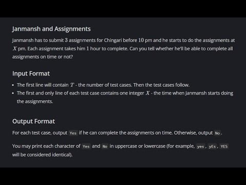 Janmansh and Assignments Codechef (500 to 800 Difficulty Rating Problems)