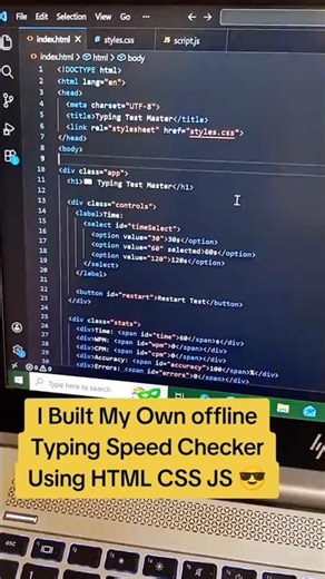 I Built My Own Typing Speed Checker Using HTML CSS JS 😎.HTML CSS JS Project – Typing Speed Test App