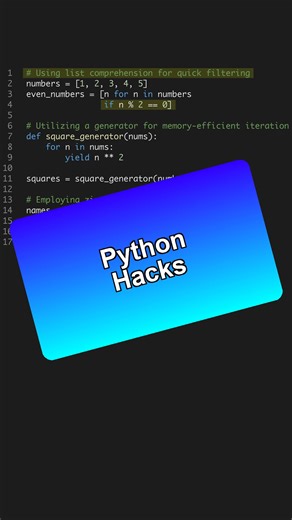 Level up your #Python coding with these productivity hacks! 🐍✨ Improve efficiency and readability with list comprehensions, generators, and zip. --- Get the Python for AI course 6 projects at the link in bio. 🐍