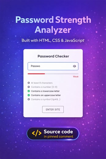 Password Strength Analyzer - Built with HTML, CSS & JavaScript | devsQUE Source code in pinned comment #coding #html #css #javascript #reels | devsQUE