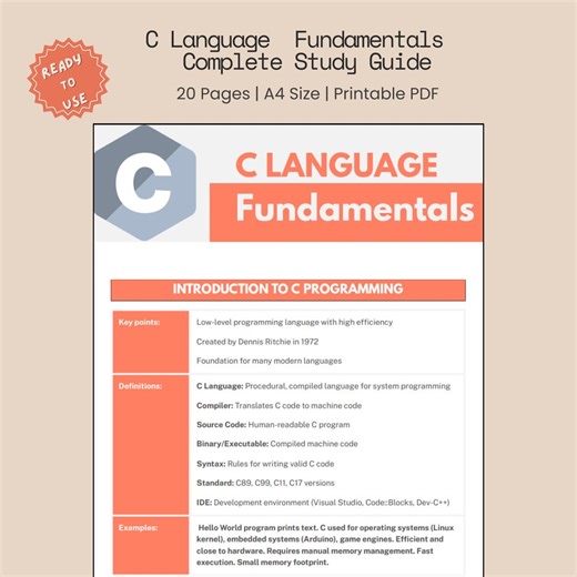 C Programming Language Fundamentals Cheat Sheet - Complete Guide for Beginners and Developers, College Students, Comp Science University IT - Etsy