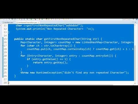 Write a java program to find first non repeated character in String in java