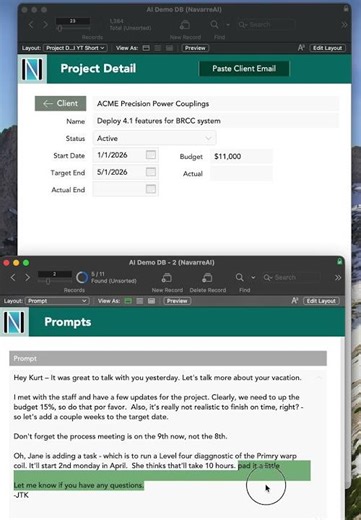 FileMaker AI demo: Paste text from an email, AI interprets it and updates fields in your DB