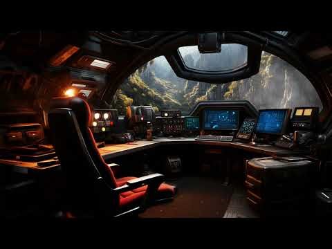 Spaceship Landed of Rainy Exoplanet. Sci-Fi Ambiance for Sleep, Study, Relaxation