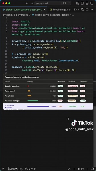 Elliptic Curve in Python - Used to generate unbreakable Passwords #python #coding #programming Most Python password generators rely on random strings or passphrases — but they can't compete with elliptic curve cryptography. In this short I show you how to use ECC (SECP256R1) to generate a cryptographically secure 256-bit password in just a few lines of Python. We walk through the private key, the Discrete Logarithm Problem, Point Multiplication, and SHA-256 hashing — and why this method is 2026 