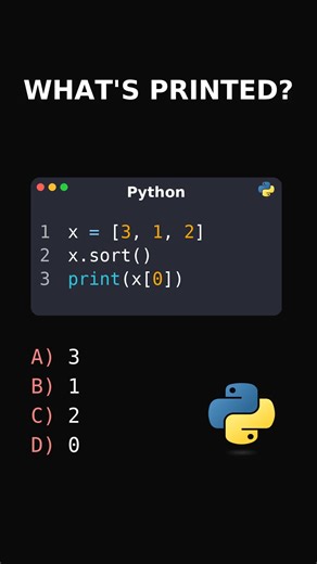 Can you solve this Python challenge? Test your Python skills and logical thinking with this short quiz. Leave your answer in the comments and check if you got it right. Subscribe for regular Python coding questions and improve your problem-solving abilities. These challenges are great for daily practice, coding interviews, and learning by doing. Run the quiz in your computer! . . . #PythonChallenge #LearnPython #PythonQuiz #CodingChallenge #PythonForBeginners #CodeNewbie #ProgrammingTips #CodePr
