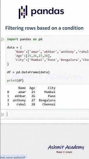 Filtering Rows in a Pandas DataFrame Based on a Condition #python #pandas #datascience #ai #ml