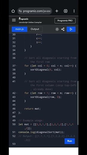 JavaScript Matrix Diagonal Sort | Sort Each Diagonal in Ascending Order