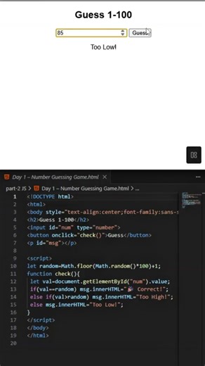 Number Guessing Game using JavaScript 🎯 | JS Mini Project #shorts