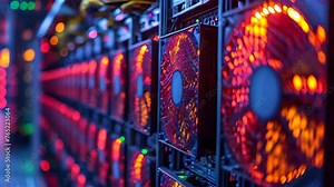 Cryptocurrency Mining Rigs with Red Glowing Cooling Fans