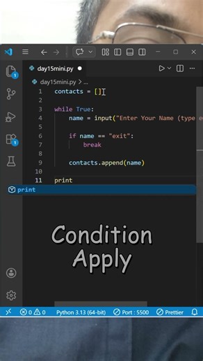 Day 16 Python Mini Project | Contact List Manager Using List #codewithraju #codingjourney