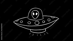 Hand-drawn doodle UFO alien animation on transparent background. SCI-FI symbol. Alpha channel. 4K video loopable motion graphic animation.