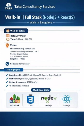 TCS Hiring 🚀 NodeJS + ReactJS Developers | Walk-in 28 March | #job #walkindrive #bangalorewalkin