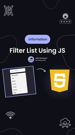Stella • Coding • HTML • CSS • JAVASCRIPT on Instagram: "JavaScript Filter List 🚀 JavaScript filter list search is a technique used to filter and search through a list of items using JavaScript. 🔥It allows users to quickly find specific items in a list by entering search criteria. 👩‍💻 Syntax - const input = document.getElementById("search"); const items = document.querySelectorAll("#list li"); input.addEventListener("input", () => { const query = input.value.trim().toUpperCase(); items.forEa