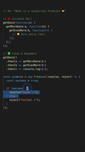 Learn JavaScript Promises in under a minute! Promises are the modern way to handle asynchronous operations in JavaScript. Say goodbye to callback hell and hello to clean, readable code! 🔥 What you'll learn: ✅ What is a Promise? ✅ 3 Promise States ✅ Promise vs Callbacks ✅ Real-world analogy #JavaScript #Promises #WebDev #Coding #Programming #JavaScriptTutorial #LearnToCode #CodeNewbie #WebDevelopment #JS #AsyncJS #100DaysOfCode #DevTips | Fullstack Flow