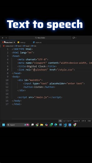Mr Gen-Z on Instagram: "Convert Text to Speech Using JavaScript in 1 Minute! #JavaScript #WebDevelopment #TextToSpeech #Coding #WebAPI #Frontend #HTML #CSS #Programming #TechShorts #LearnToCode #WebApps #speechsynthesis sis In this reel, I build a simple Text-to-Speech app using HTML, CSS, and JavaScript — type anything, click "Listen," and hear it spoken aloud instantly! 🔧 What's Inside: ✅ Clean input field for typing text ✅ Custom-styled listen button ✅ JavaScript Web Speech API integration ✅