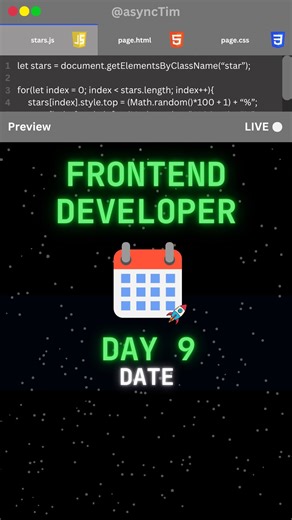 Tim | HTML - CSS - JAVASCRIPT on Instagram: "Date in HTML and JavaScript | Day 9 of Frontend Development In this episode we used the Date class in JavaScript to provide us with the local date as a String. Then we changed the innerText of our heading to let it show on the display! 😎🤝 Thank you so much for watching! 🙏❤️ If you have any questions or things you want to see, feel free to comment them below! ———————————— 👉 For more Frontend Development & Coding, follow @asynctim! ———————————— Made