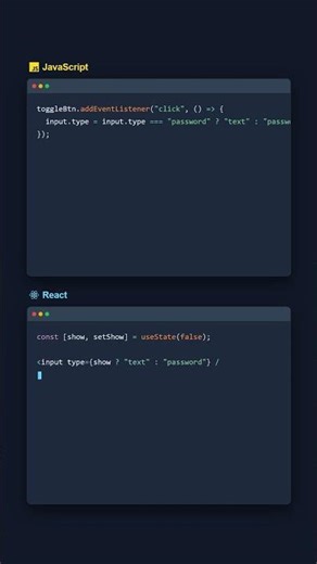 Show Password: JavaScript vs React\n\nReact simplifies password visibility toggles by deriving the inp
