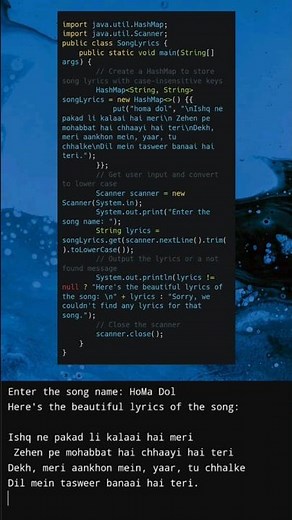 Java Program: Get Beautiful Song Lyrics by Song Name #java #hashmap #shortsfeed