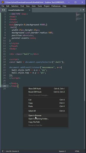 Create a Ball that follow mouse in HTML/CSS & JavaScript