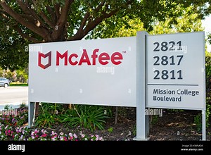 Signage with logo at the Silicon Valley headquarters of computer security and virus scan company McAfee, Santa Clara, California, August 17, 2017 Stock Photo - Alamy