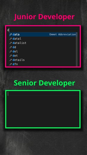 Tech Vibes..... on Instagram: "Junior vs Senior Developer 🤓➡️😎 The real difference is not coding harder… it’s coding smarter. Senior devs use powerful Emmet shortcuts to build clean HTML structures in seconds — and this is exactly how they do it. If you want to grow as a web developer, start focusing on speed, structure, and writing efficient code. These small upgrades compound into BIG skill jumps over time. 💻✨ Follow for daily coding shortcuts, web dev tips, and more Junior vs Senior breakd