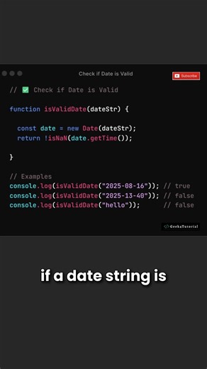 How to check if a date is valid in JavaScript? . . . . . #javascript #reactjs #html #css #jquery #frontend #webdeveloper #string #interviewquestions #javascriptdeveloper #programming #codingmemes #codingchallenge #cod #codingmemes #coder #microsoft #aws #azure #gcp #api #github #backend #programming #reels #reelsinstagram #trendingreels #trending #aws #trendingréels | Geek4Tutorial