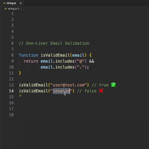 Learn how to create a simple email validator using: ✅ includes() method ✅ Logical AND operator (&&) Perfect for quick form validation in your projects! 💡 Bookmark this for your next project! 🔥 Follow for more practical JavaScript tips! 📚 Part of our Zero to Advanced JavaScript Course #javascript #coding #programming #webdevelopment #javascripttutorial #emailvalidation #formvalidation #learntocode #codingshorts #webdev #javascripttips #codingtips #frontend #webdeveloper #tech | Fullstack Flow