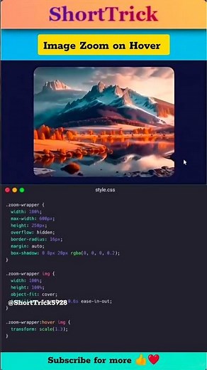 Image Zoom on Hover with HTML & CSS | No JavaScript #coding #javascripttutorial ‪@ShortTrick5928‬