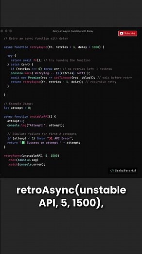 How to Retry an Async Function with Delay | JavaScript Short | #shorts #javascript