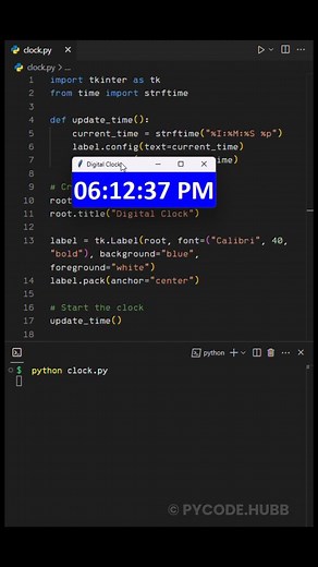 Akash • Python & Tech Enthusiast 🚀 on Instagram: "Digital Clock using Python 📒 | Complete Python guide + 99 Projects 🔗 | Link in the Bio .. .. Follow @pycode.hubb for more .. .. Turn on post notifications for more such posts like this .. .. #pythonhub #pythonquiz #pythonlearning #pythonprogramming #pythondeveloper #python3 #programming #pythonprojects #pythonbeginner #coding #pythonbegginers #pythonlearn #pycode"