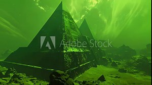 An alien landscape with acid green skies and a giant glitching pyramid structure in the center giving off major ancient technology vibes.