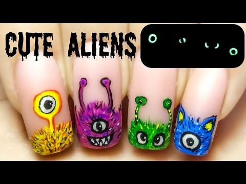 Cute Aliens ⎮ Glow in the Dark Freehand Nail Art Tutorial