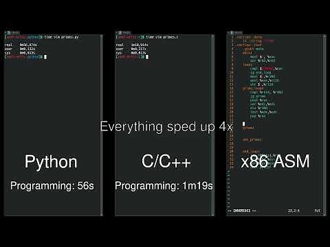 Python vs C/C++ vs Assembly side-by-side comparison