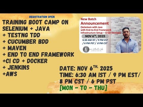 New Training/Boot Camp (Nov 6th):Selenium+Java+End to End Framework+ Infrastructure Setup(DevOps)