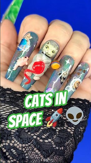 CATS IN SPACE 🚀 press on nail set with 3d sculpting, decals and gel #3dnailart #nailart #nails #cat