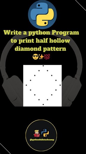 pythonfullstackcamp on Instagram: "✨ Learn how to print a beautiful Hollow Diamond Pattern in Python using simple nested loops! Perfect for beginners practicing loops and patterns ⭐ Hollow diamond pattern Python Python hollow diamond star pattern Print hollow diamond in Python Python pattern printing programs Hollow diamond shape using for loop Python Python star pattern programs Diamond pattern in Python tutorial Python nested loop patterns Hollow diamond asterisk pattern Python Python programm