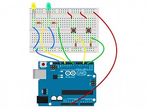 Working with two LEDs and two PUSH BUTTONs