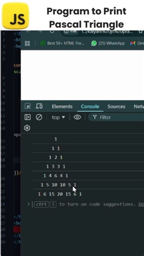 Praveen Gubbala on Instagram: "📌 Pascal Triangle Program in JavaScript | Pattern & Logic Explained In this video, you’ll learn how to print Pascal’s Triangle using JavaScript with a clear explanation of the pattern and logic behind it. This is a very common coding interview question for freshers and job seekers. We’ll break down the code step by step so you understand how the logic works, not just how to write it. 🔥 What You’ll Learn in This Video: ✅ What is Pascal’s Triangle ✅ How Pascal Tria