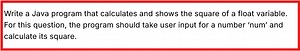 Write a Java program that calculates and shows the square of a ... | Filo