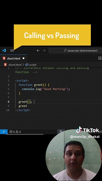 💡 Calling vs Passing a function in JavaScript – what's the difference? 🎯 Quick and easy breakdown for beginners to understand functions! 👉 Follow @CodeWithMandip for more coding tips and tricks! #JavaScript #Functions #FunctionCall #JSBasics #LearnToCode #CodeWithMandip #NepaliTech #ProgrammingTutorial #WebDevNepal