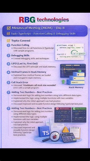 RBG technologies(Kukatpally) on Instagram: "📘 Minutes of Meeting – Day 8 💻 TypeScript: Function Calling & Debugging Skills Today’s session was all about going deeper into how code really works 🔍 ✅ Function calling with real-time examples ✅ Debugging skills & techniques ✅ Understanding LIFO (Last In, First Out) ✅ Stack memory & method frames ✅ Call stack errors explained clearly ✅ Writing clean & reusable functions (Best Practices ⚡) 📌 Learning why something fails is as important as learning 