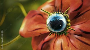 3D animation of a red alien flower with a blue eye looking around. A science fiction or fantasy creature.