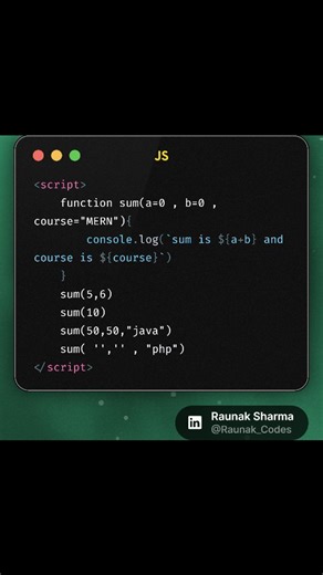 html | Java | Python | C++ | Web Dev | Full-Stack | js on Instagram: "Default parameters in JavaScript make your functions smarter and cleaner. If no argument is passed, the function automatically uses a fallback value instead of breaking or returning undefined. This is a powerful ES6 feature that improves code readability and prevents unexpected errors. Mastering small concepts like this makes you stronger in real-world development. Try modifying the function with multiple default parameters an