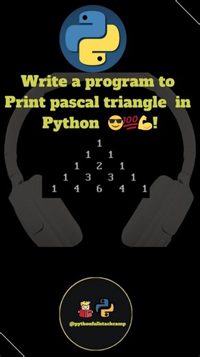 pythonfullstackcamp on Instagram: "Mastering Pascal's Triangle in Python! 🐍 Unlock the magic of math and coding with this elegant algorithm. ✨ Pascal triangle Python Python Pascal triangle code Print Pascal triangle Python Pascal triangle program Python Python code for Pascal triangle Generate Pascal triangle Python Pascal triangle algorithm Python Python Pascal triangle tutorial Pascal triangle in Python example Python program to print Pascal triangle #Python #PythonProgramming #PascalTriangle