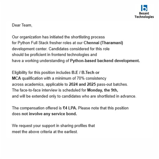 Besant Technologies on Instagram: "Python Full Stack Job Opening in Chennai! | Besant technologies's Tie up company | package of 4LPA. Start your career with the best Python Full Stack course in Chennai at Besant Technologies, a top Python Full Stack training institute known for job-oriented learning. Our industry-ready Full Stack Developer course covers frontend technologies and Python backend with real-time projects and strong placement support. Join one of the best software training institute