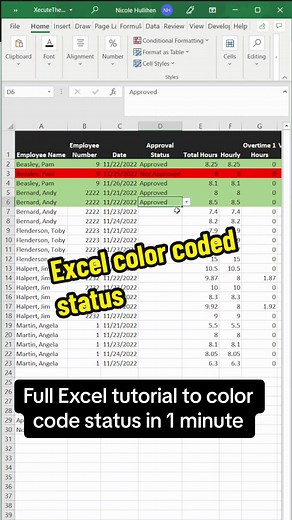 Full Excel tutorial to change row color based on a status. Color coded drop down menus make stauts updates easy. Using drop downs and cond formatting, we will change the row color automatically. #tutorials #excel #learnontiktok #spreadsheet #exceltips #exceltricks #worktips @OnTheClock automates approval status